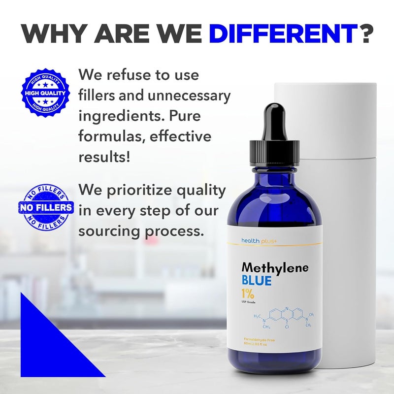 healthplus قطرات ميثيلين الأزرق عالية النقاء 1% محلول، درجة USP، 60 مل – ميثيلين أزرق درجة صيدلانية، خالي من الفورمالديهايد، خالي من الكحول، مختبر من طرف ثالث - Image 4